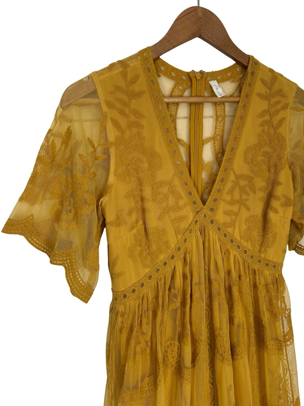 PinkBlush Lace Mesh Maternity MaxiDress VNeck Flutter Sleeve Boho Mustard Yellow